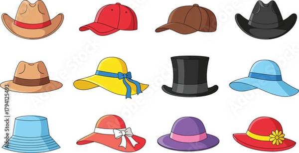 Fototapeta Diverse Vector Collection of Fashionable Hats, Including Cowboy, Baseball Cap, Sun Hats, Top Hat, and Bucket Hat, Representing Various Styles and Occasions