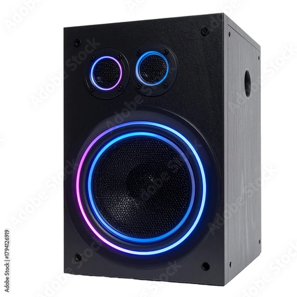 Obraz Speaker with Colorful Rings: A sleek, modern speaker featuring vibrant, glowing rings of color, symbolizing the energy and excitement of music, ready to amplify the listening experience.