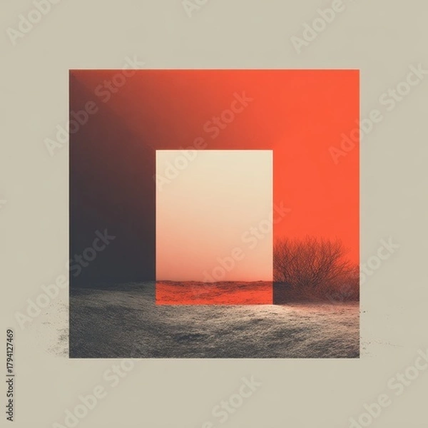 Fototapeta Surreal desert landscape with reflective mirror and fiery sunset