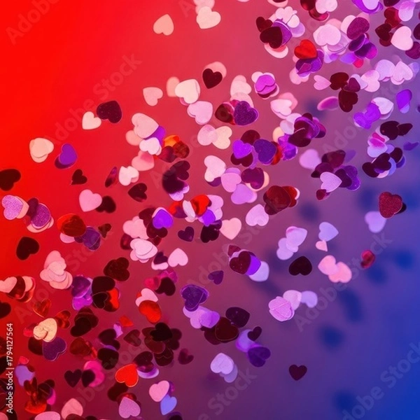 Obraz A dynamic and brightly colored backdrop filled with floating red, pink, and purple confetti hearts, perfect for celebrating love and romance, surface, passion, colorful