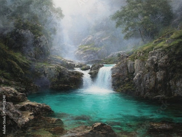 Fototapeta Tranquil Waterfall Scene with Turquoise Pool and Mist