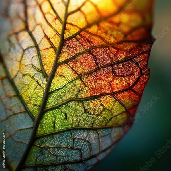 Fototapeta Vibrant, backlit autumn leaf showing a rainbow of colors and intricate vein structure.