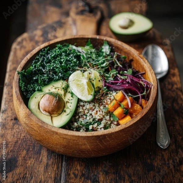 Fototapeta Vibrant Buddha Bowl with Avocado, Quinoa, Kale, and Roasted Butternut Squash
