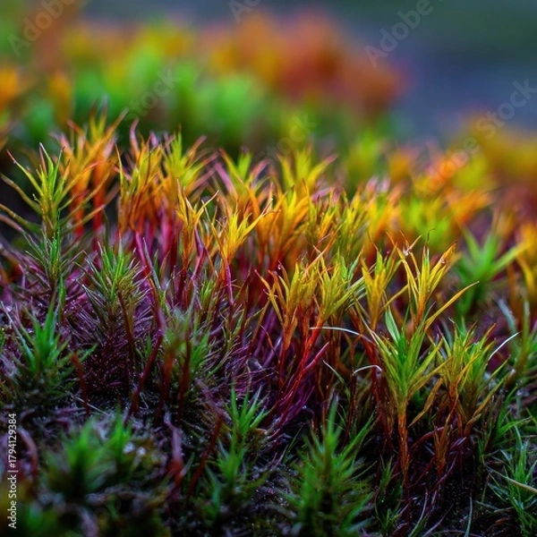 Fototapeta Vibrant colorful moss and tiny plants with dew drops, a macro view of natural beauty.