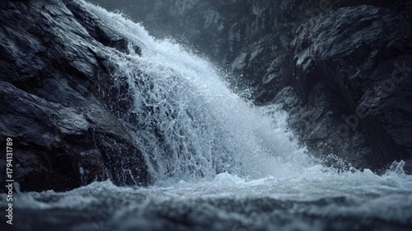 Fototapeta Waterfall Splashing Over Dark Rocks, Creating White Water and Mist in a Natural Setting