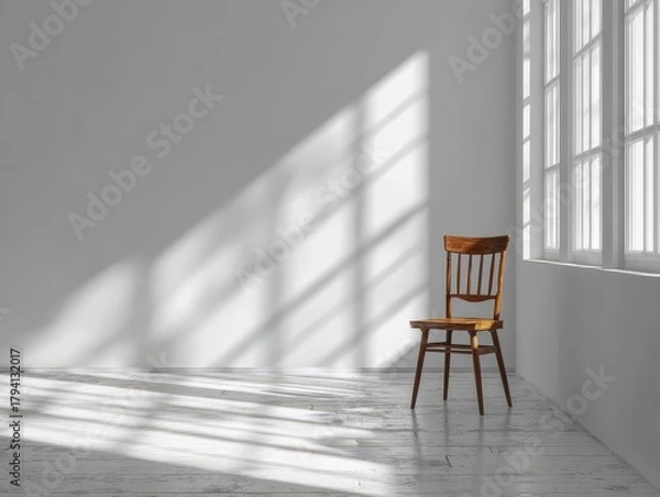 Fototapeta Wooden Chair by Window with Sunlight in Minimalist White Room