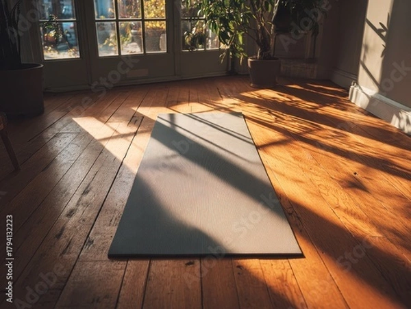 Fototapeta Yoga mat on a rustic wooden floor with warm sunlight streaming through a window.