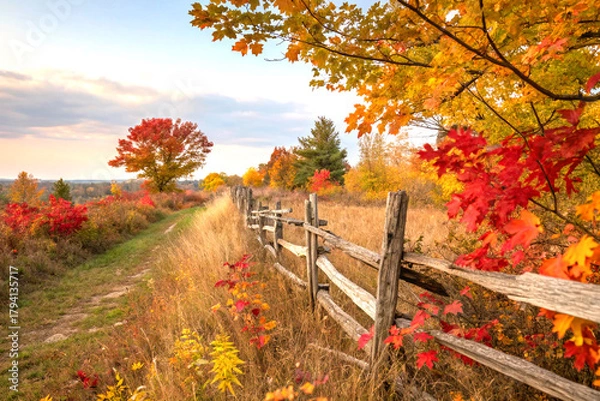 Fototapeta Rustic wooden fence surrounded by glowing colorful fall foliage