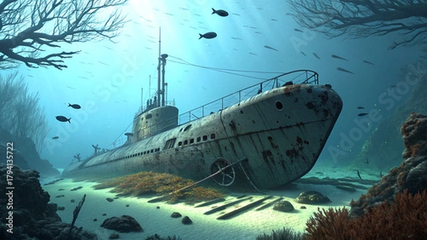 Fototapeta Rusting sunken submarine wreck resting in deep sea with eerie mysterious atmosphere