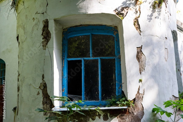 Fototapeta Weathered blue window in a decaying manor wall. Peeling stucco, crumbling facade, and vibrant green foliage signal nature's reclaim. Summer abandonment