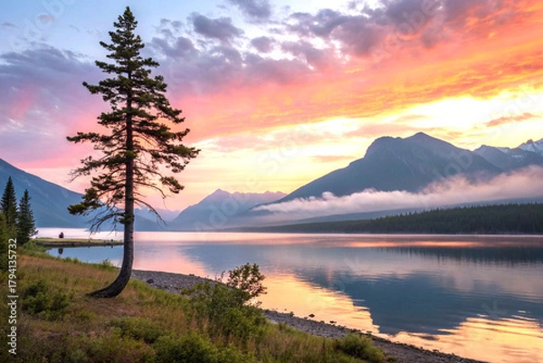 Fototapeta Scenic sunset over calm lake with lone pine tree and mountains in moody fog