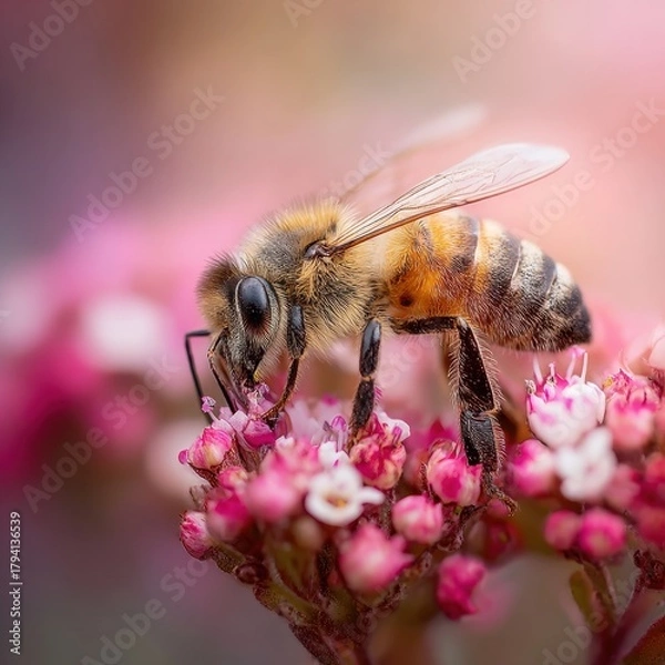 Fototapeta Macro shot of a fuzzy bee collecting nectar from delicate pink flowers