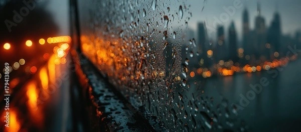 Obraz Rain-streaked window view of a city skyline at dusk with blurred lights
