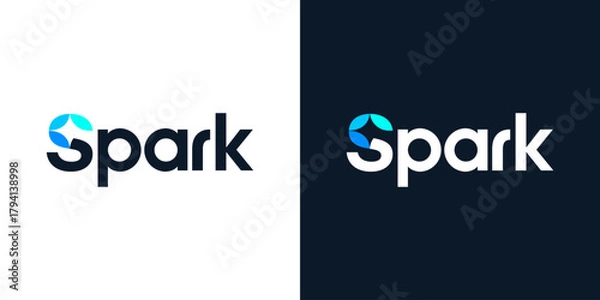 Fototapeta Unique spark logo design template illustration. Spark logo lettering typography concept vector design with sparkling star icon graphic symbol with creative negative space