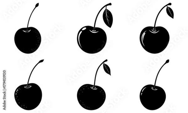 Fototapeta Illustration of six black and white cherry fruit with stems and leaves on a white background layout