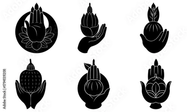 Fototapeta Collection of six black and white hand illustrations holding various floral and plant elements designs art
