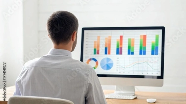 Obraz A person analyzes data on a computer screen, displaying colorful graphs and charts, indicating business or analytical work.