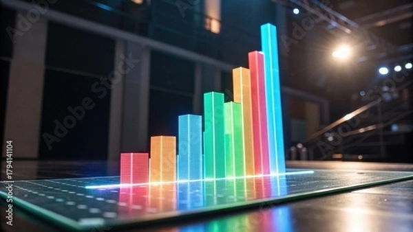 Obraz A vibrant holographic bar graph displayed on a surface, showcasing data visualization in a modern, tech-inspired environment.