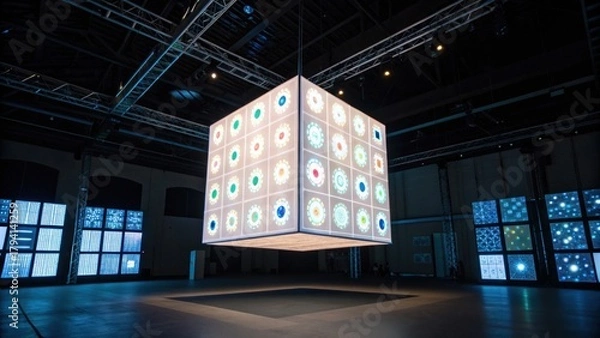 Obraz A large illuminated cube artwork hangs in an industrial space, surrounded by vibrant, patterned panels, creating a dynamic visual experience.