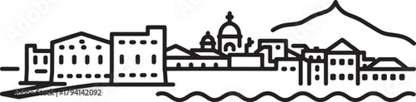 Obraz Silhouette vector of city outline with buildings sea and mountain landscape