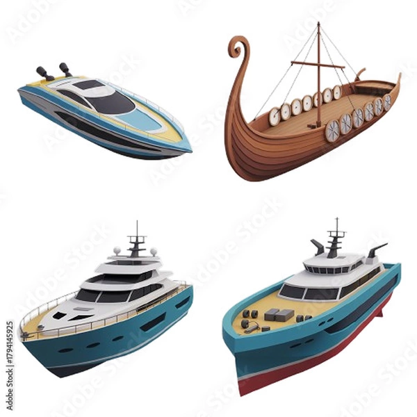 Fototapeta Collection of different types of boats from past to present day