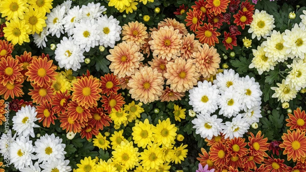 Fototapeta Beautiful seamless floral pattern of yellow daisies and colorful spring flowers blooming from above
