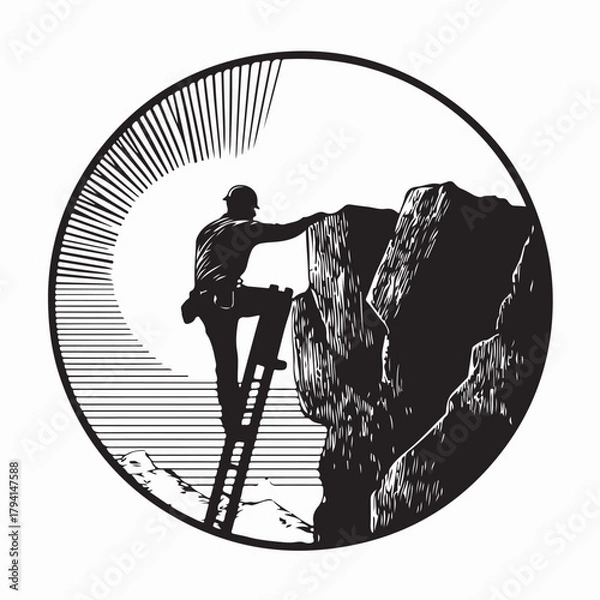 Obraz Worker Climbing Ladder on Hilly Terrain Vector Illustration