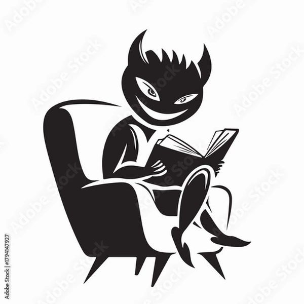 Obraz Cute Demon Sitting on Sofa Reading Book Vector Silhouette