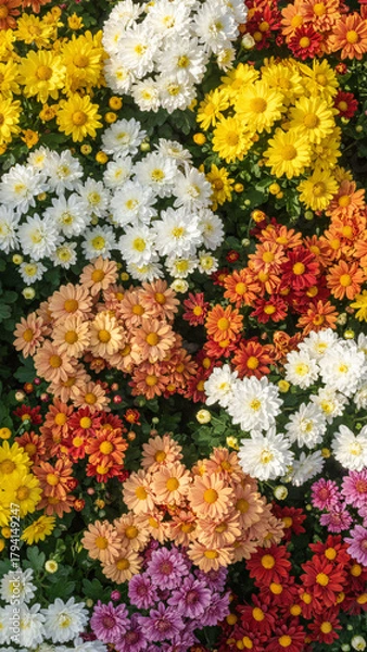 Fototapeta Beautiful seamless floral pattern of yellow daisies and colorful spring flowers blooming from above