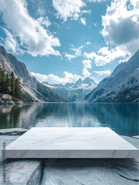 Obraz Luxury Marble Product Podium with Alpine Lake and Mountain View Backdrop, Empty White Marble Surface Mockup on Rocks with Glacier Lake Scenery, Natural Beauty Product Display on Stone Platform against