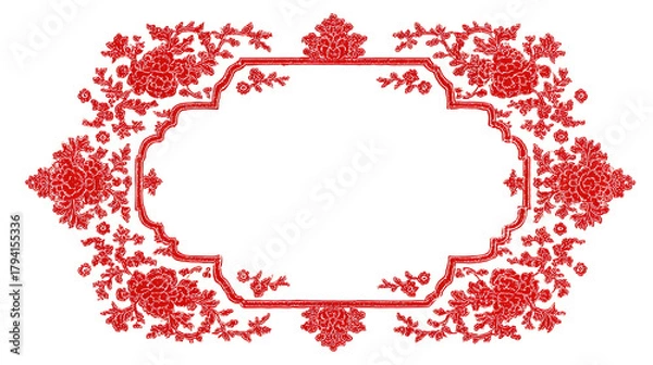 Fototapeta Thin red geometric frame with smooth decorative corner accents placed on white background showing a light elegant minimal layout