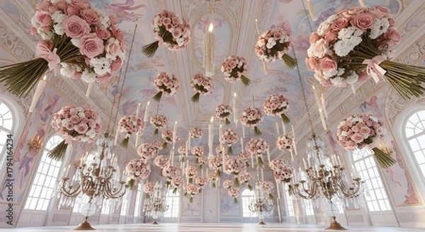 Obraz dozens of bouquets float upward toward the ceiling of a ballroom, candles hanging downward like stalactites. Wide worm’s-eye shot emphasizes inverted scale.