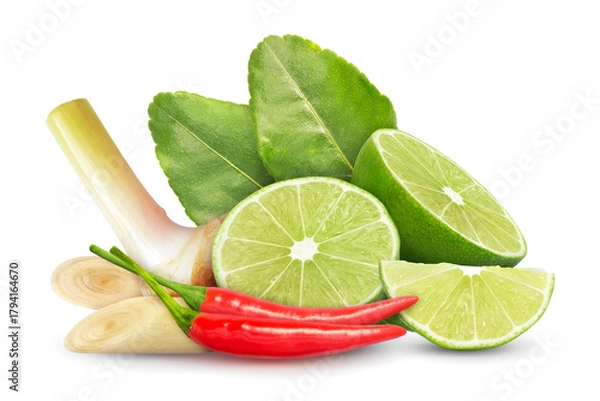 Fototapeta Galangal lemongrass kaffir lime leaves lime red chili pepper composition isolated on white background. Tom yum ingredient
