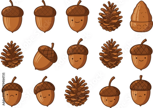 Obraz Cartoon acorns and pinecones, expressive forest elements, cute nature characters, seasonal illustration, autumn theme, child-friendly vector, educational artwork, woodland design