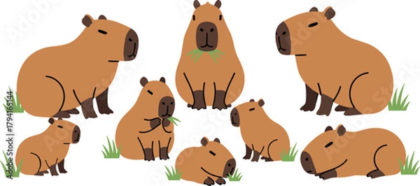 Obraz Cartoon capybara illustration, cute animal vector, capybara poses clipart, grass eating design, wildlife character set, playful rodent drawing, nature theme, friendly style
