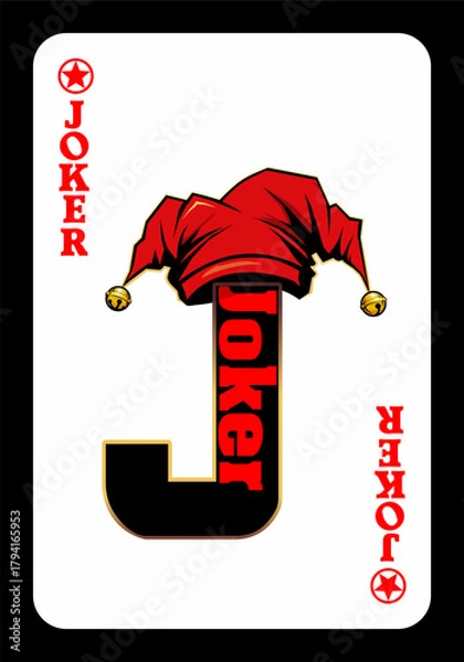 Fototapeta Red joker playing card with letter j and jester hat. Minimalist vector illustration for casino, poker, or graphic design template
