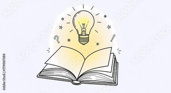 Fototapeta A glowing light bulb of an idea emerges from an open book, a concept illustration representing knowledge, creative inspiration, and learning