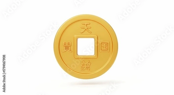 Fototapeta Detailed 3D render of a traditional gold Chinese lucky coin, an ancient symbol of wealth and prosperity for feng shui, isolated on a white background