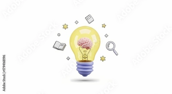 Fototapeta Innovative thinking and a creative learning process symbolized by a luminous lightbulb containing a brain, representing knowledge, research, and discovery