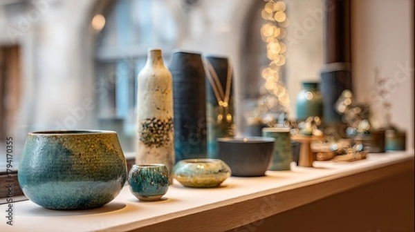 Fototapeta A window sill with a variety of blue and green ceramic vases and bowls. The vases and bowls are arranged in a way that creates a sense of balance and harmony. The colors of the vases