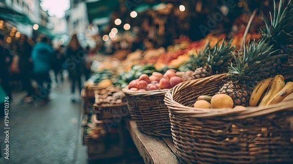 Fototapeta A basket of fruit is displayed on a table in front of a market. The fruit includes apples, bananas, and pineapples. The scene is bustling with people shopping and browsing the produce