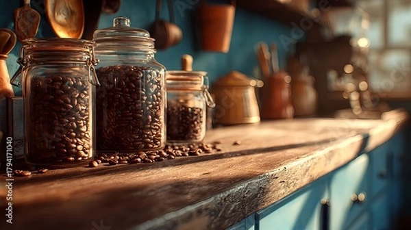 Fototapeta A kitchen counter with three jars of coffee beans and a coffee pot. The counter is made of wood and has a blue color. Scene is cozy and inviting