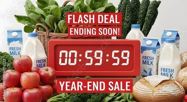 Obraz Flash deal ending soon year-end sale for fresh groceries milk apples bread