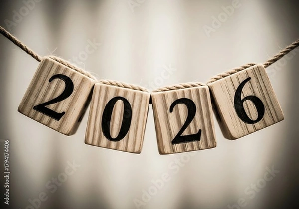 Fototapeta Wooden blocks strung on a rope displaying the year 2026 in a closeup shot with a blurred background