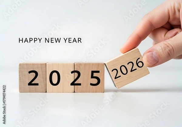 Fototapeta Hand replaces a wooden block with the year 2026 to complete the sequence 2025 2026