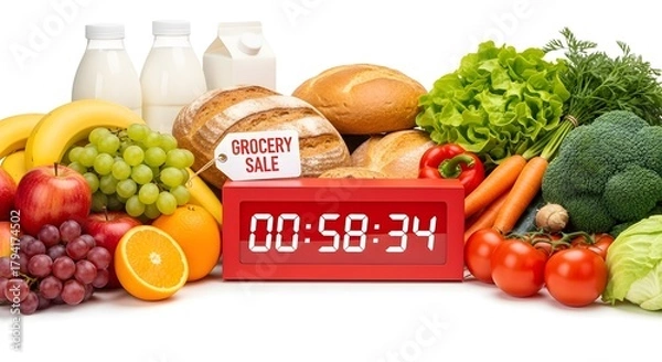 Fototapeta Grocery sale countdown timer surrounded by fresh fruits, vegetables, and dairy products