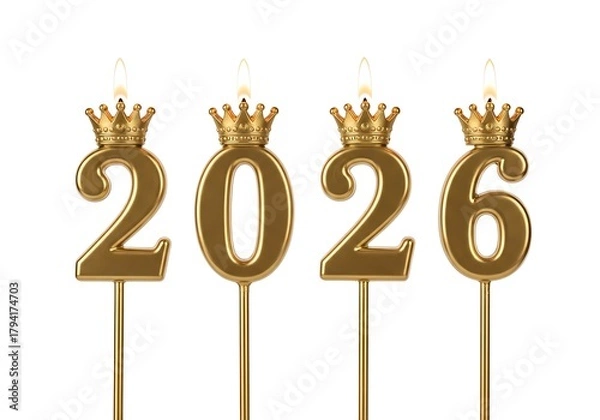 Fototapeta Golden candles shaped like the numbers 2026, each topped with a crown, lit and ready to celebrate a special occasion on a white background