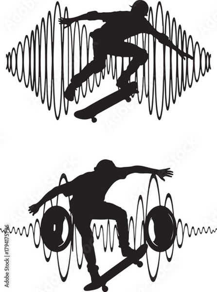 Fototapeta Two Silhouettes of Skateboarders with Abstract Wave and Circle Graphics