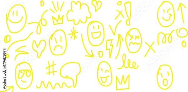 Fototapeta Yellow Hand Drawn Doodle Elements On White Background Keywords: doodle, drawing, hand drawn