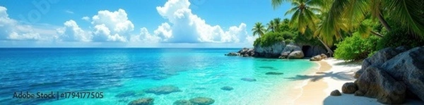 Fototapeta Secluded cove, vibrant coral reef, swaying palms , underwater, nature photography, vibrant colors